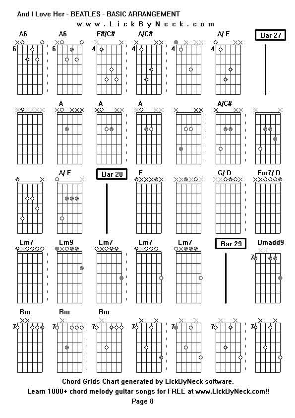 Chord Grids Chart of chord melody fingerstyle guitar song-And I Love Her - BEATLES - BASIC ARRANGEMENT,generated by LickByNeck software.